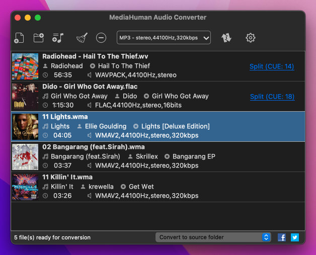 Аудиофайлы добавлены в окно MediaHuman Audio Converter