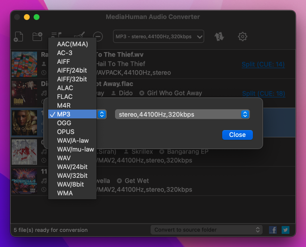 Выбор формата MP3 или WAV в MediaHuman Audio Converter